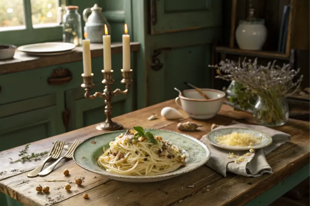 Boursin cheese in a pan, with steam rising and herbs on a rustic kitchen counter