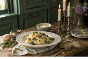 A beautifully plated Boursin Cheese Pasta with Spinach and Mushrooms