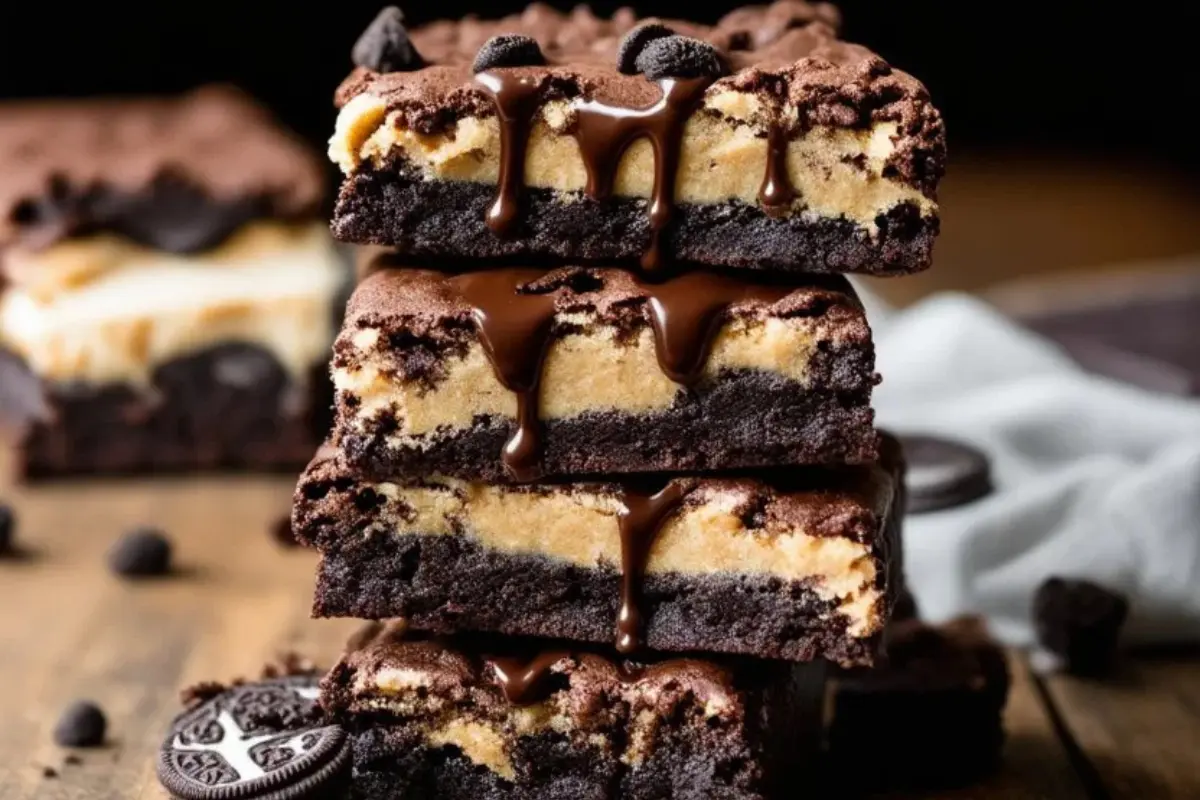 A decadent slice of Slutty Brownies showing distinct layers of gooey cookie dough, creamy Oreos, and rich brownie, with chocolate oozing and crumbs scattered on a rustic table.