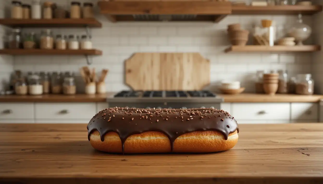 A fresh, rectangular long john donut with dark chocolate