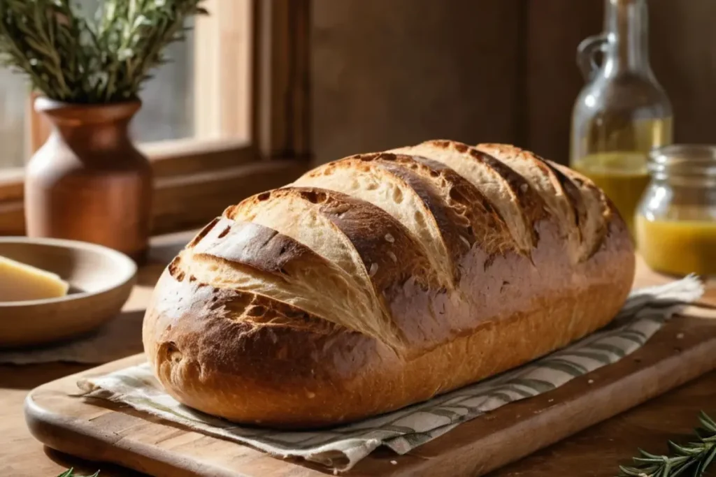 Freshly baked artisan Italian bread with a golden crust and airy interior on a wooden cutting board