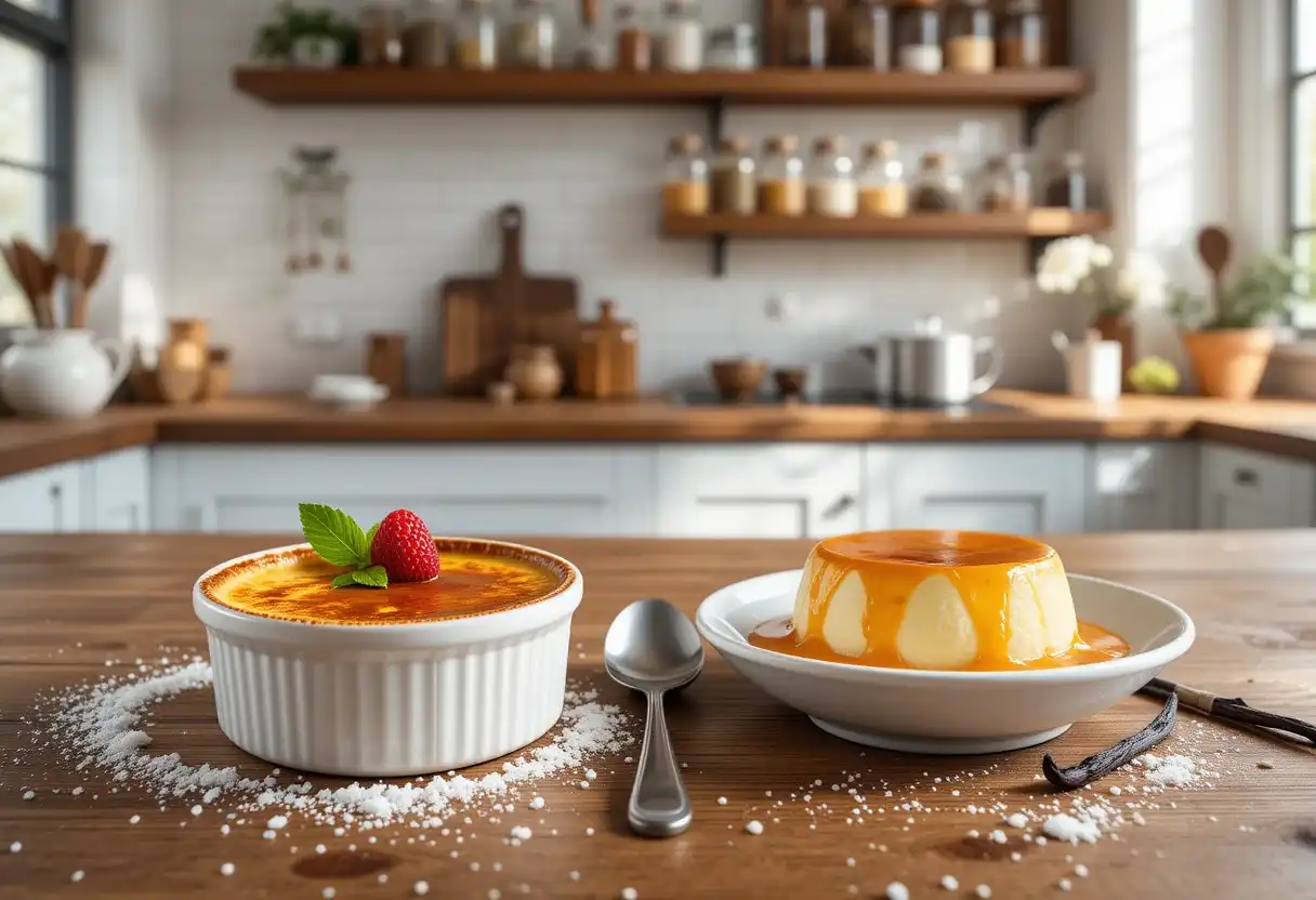 Crème brûlée and crème caramel side by side on a wooden countertop in a modern rustic kitchen