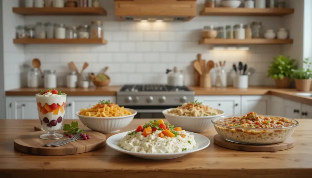 Variety of cottage cheese recipes on a table.