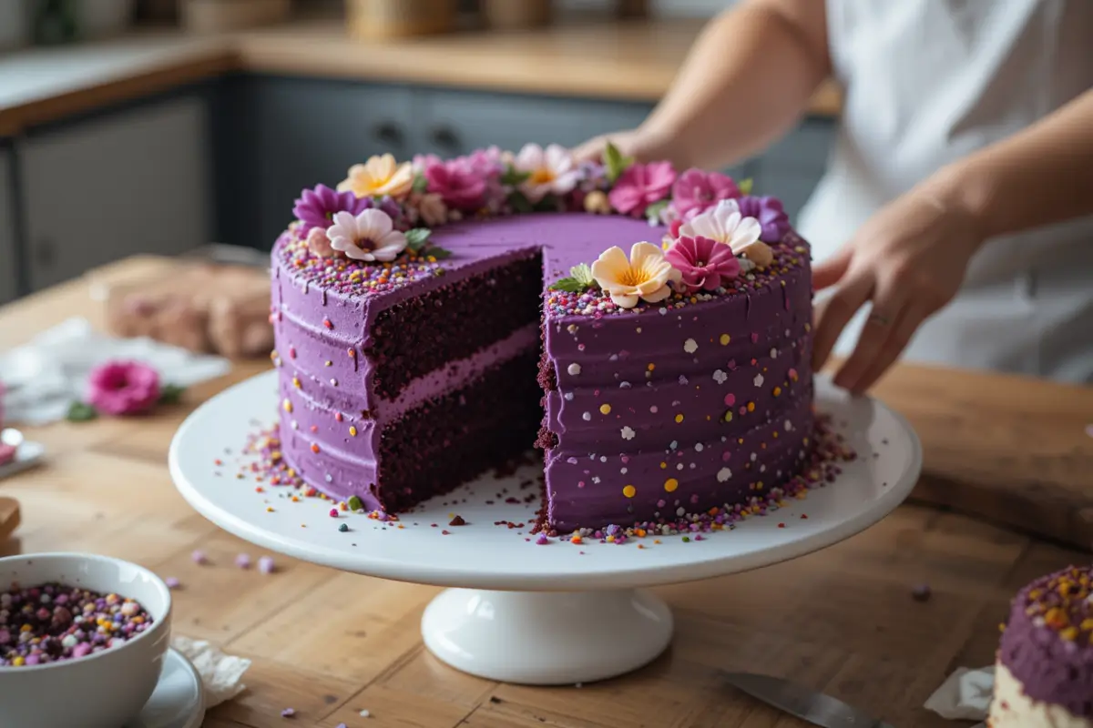 Violet velvet cake on a table