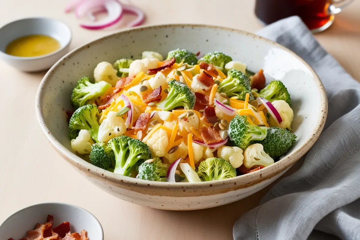 Broccoli cauliflower salad with creamy dressing and sunflower seeds