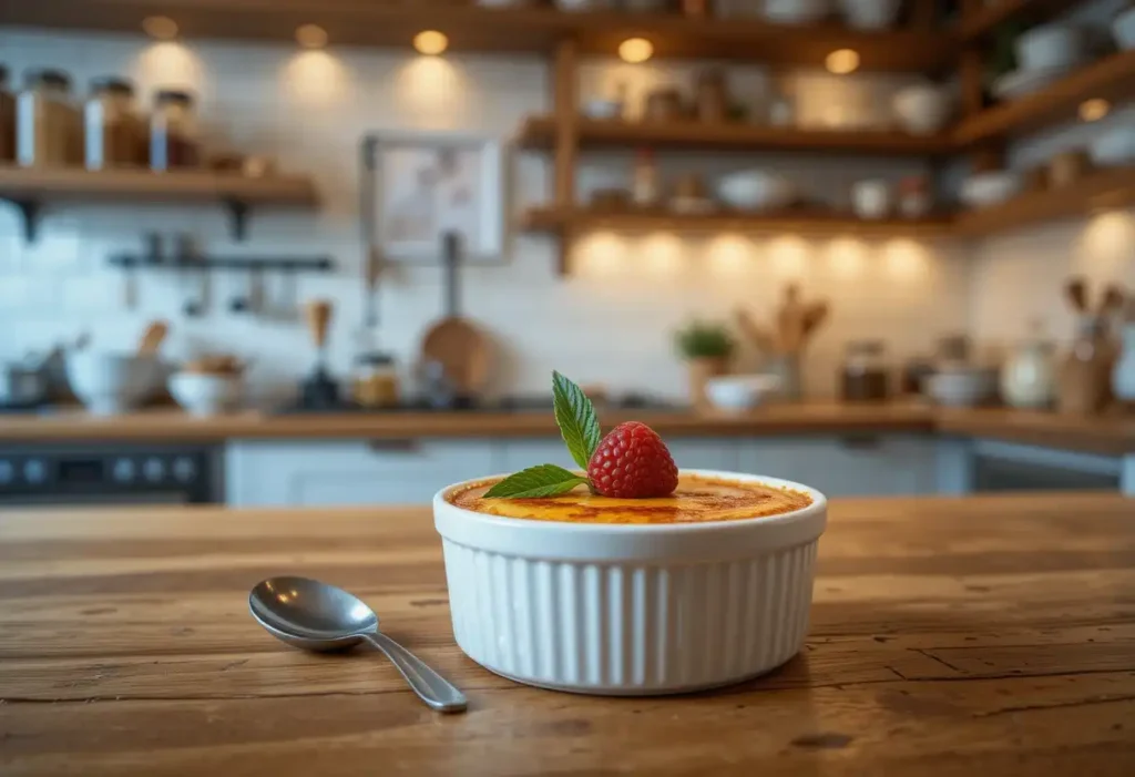 A crème brûlée with a caramelized golden crust in a white ramekin, garnished with a raspberry and mint