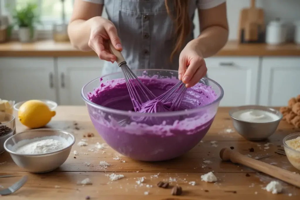 Combining ingredients to create the batter for violet velvet cake.