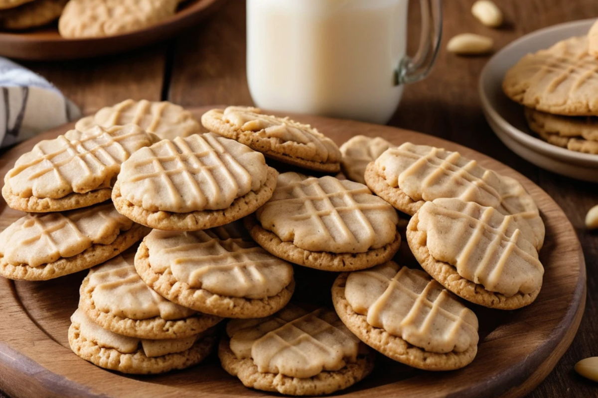 Classic Nutter Butter cookies stacked on a plate with their iconic peanut shape.