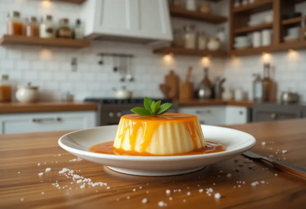 A crème caramel with glossy caramel sauce on a white plate, garnished with fresh mint.