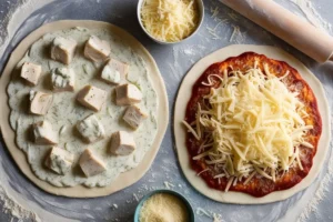 Step-by-step preparation of a homemade Chicken Bake, showing rolled-out pizza dough layered with Caesar dressing, chicken chunks, shredded cheese, and crispy bacon, ready to be baked.