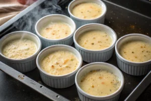 Ramekins filled with creamy crab custard in a water bath on a baking tray, with steam rising, showing the process of baking crab brulee.