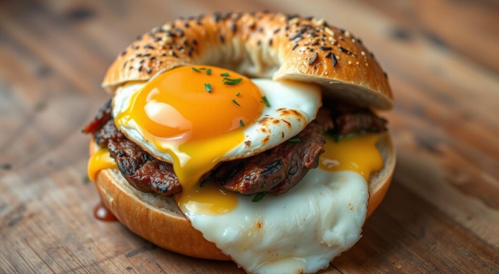 steak, egg and cheese bagel