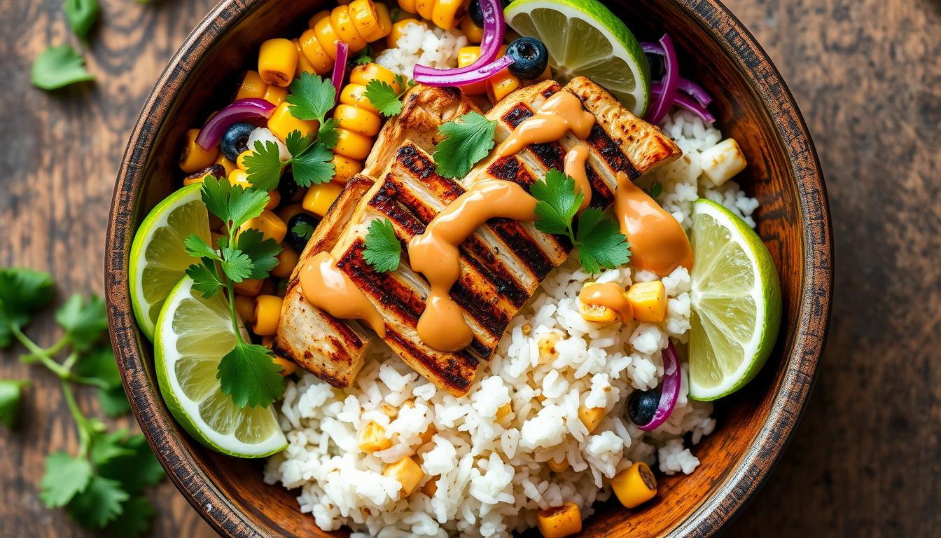 creamy dressing street corn chicken rice bowl