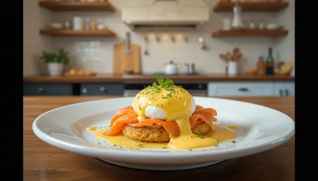 A delicious plate of Eggs Royale, with smoked salmon on a toasted English muffin