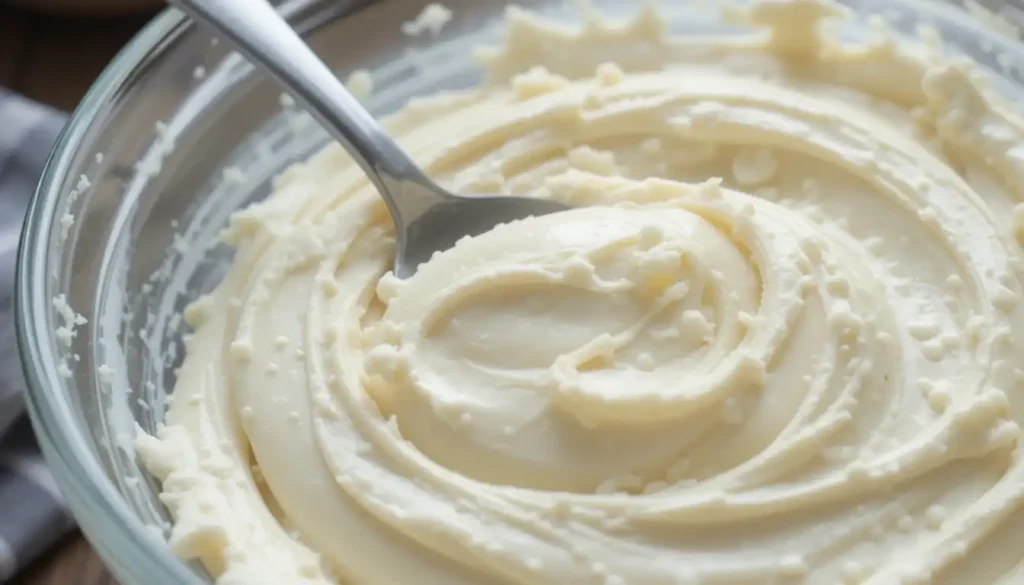 Cream cheese filling in a glass bowl with spoon