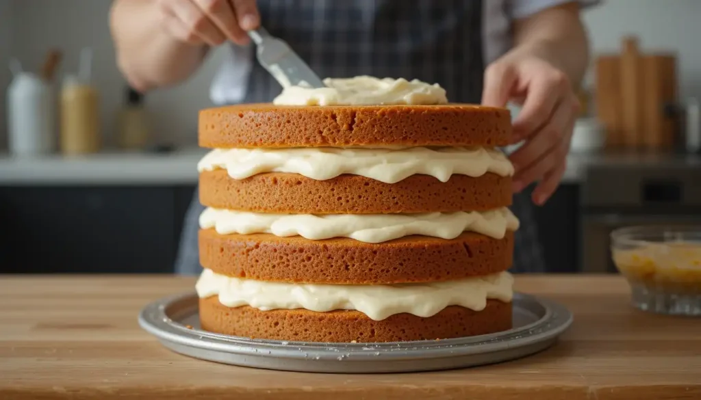 Cream cheese filling on a layered cake