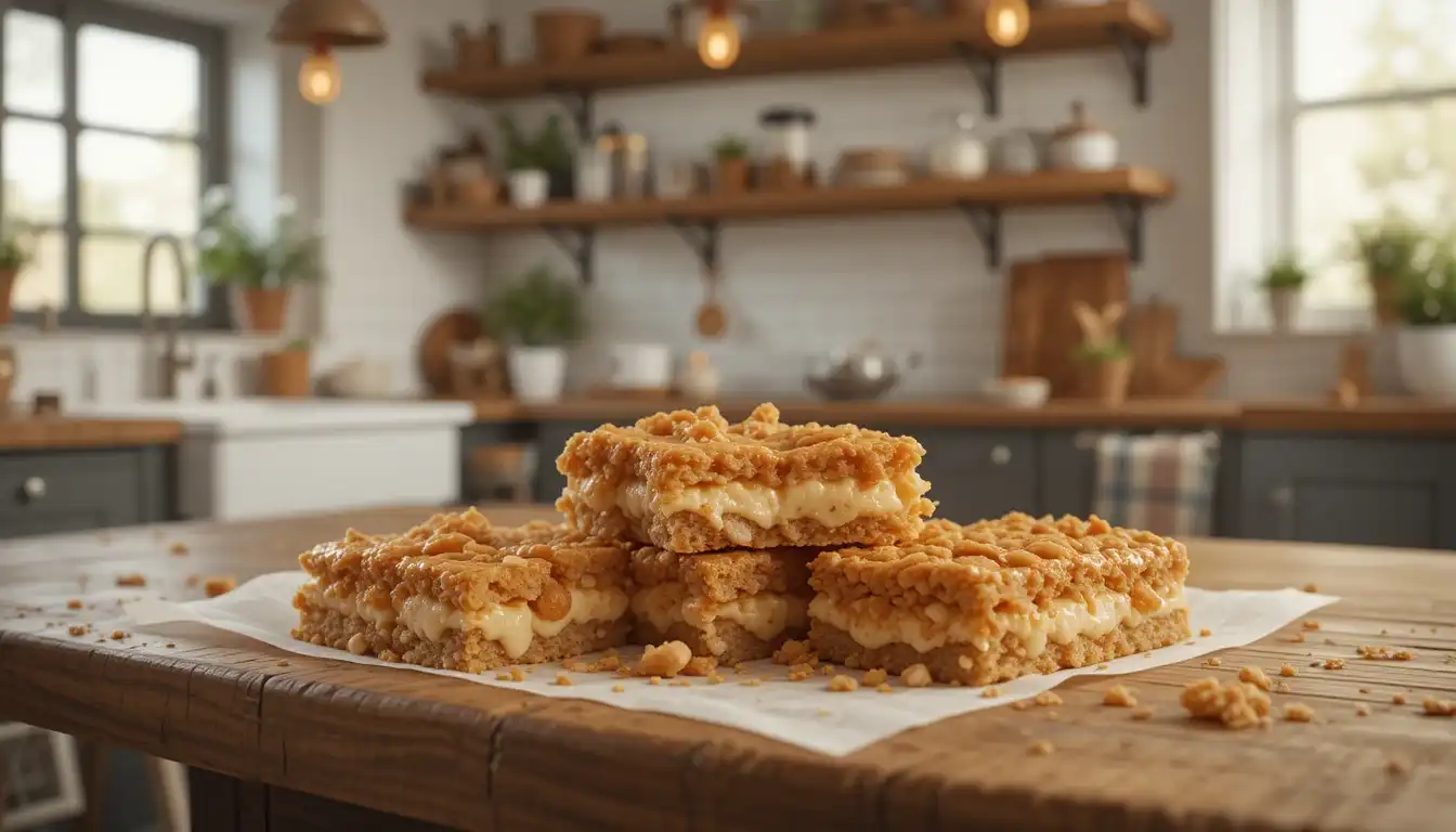 Ooey Gooey Bars on a Wooden Table