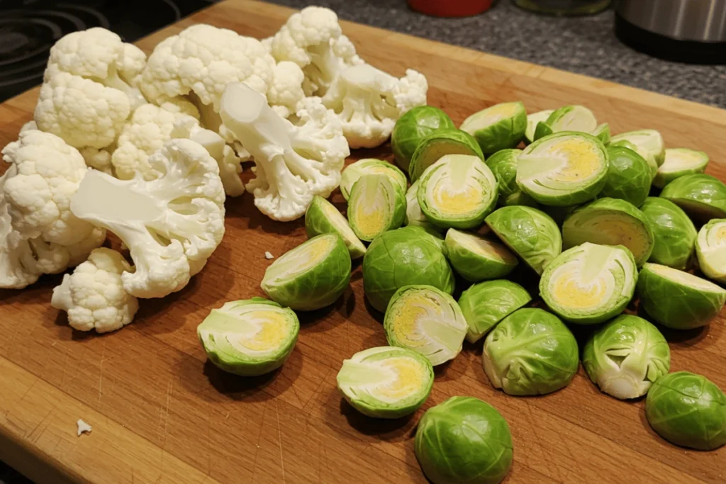 Raw cauliflower and brussel sprouts prepared for roasting.