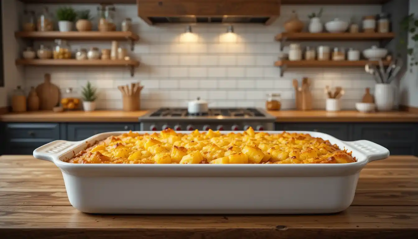 Delicious pineapple casserole close-up