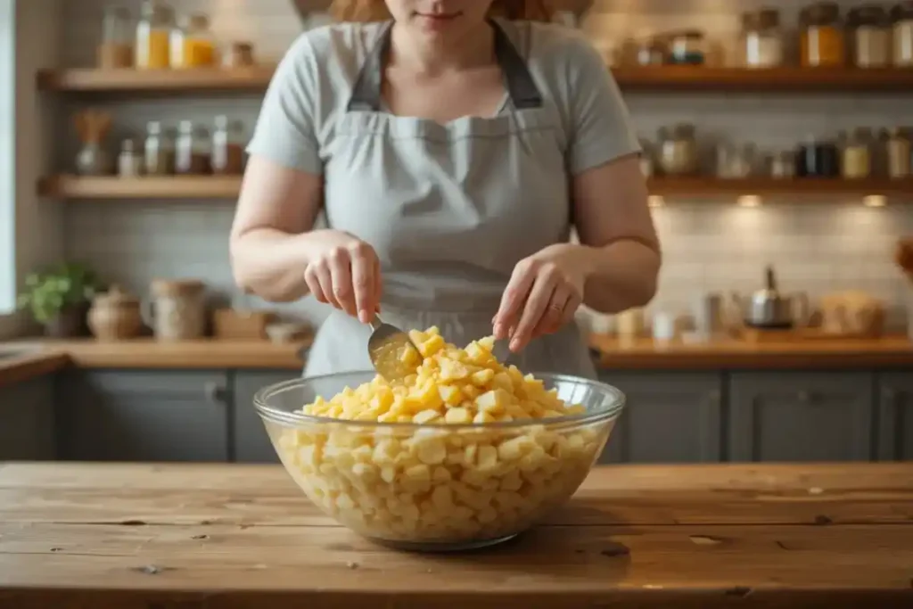 Mixing ingredients for pineapple casserole