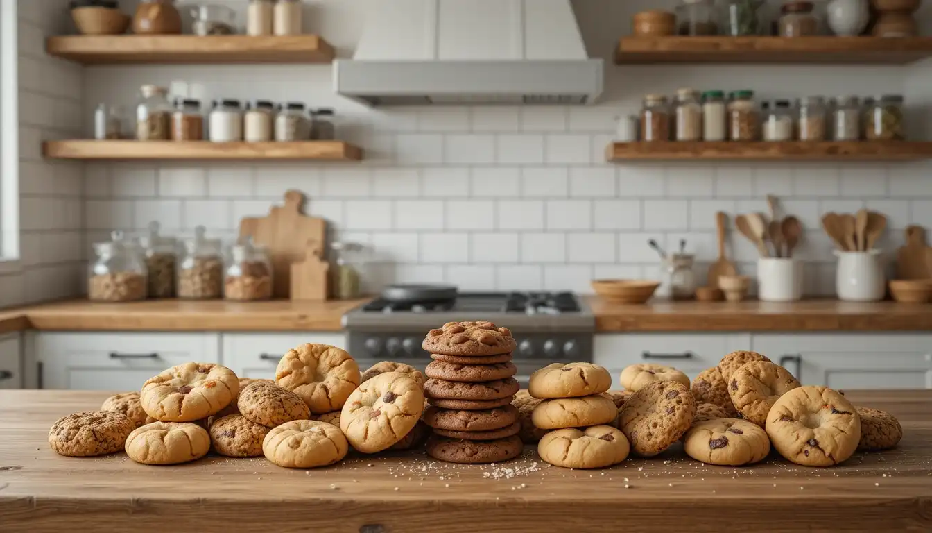 What is the most delicious cookie selection on a wooden table in a rustic kitchen, cookies arranged with ingredients