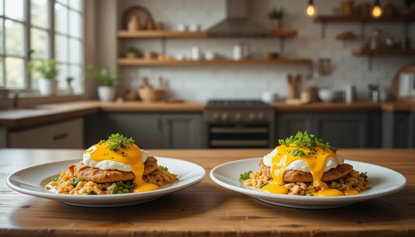 Eggs Royale and Eggs Benedict on a wooden table.