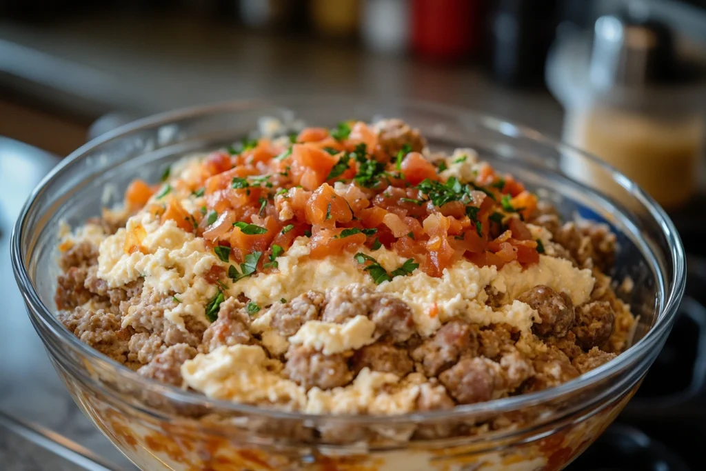 Mixing Rotel Sausage Ball Ingredients