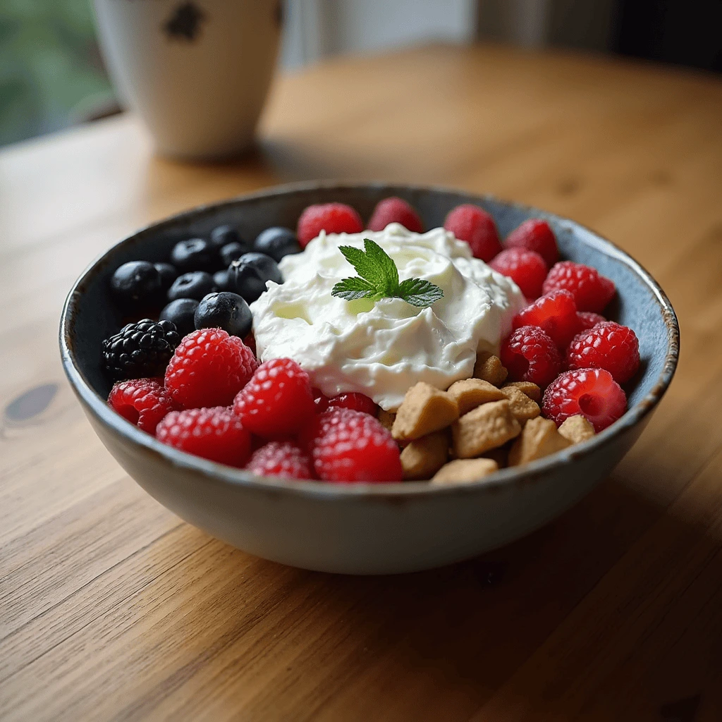 Bowl of cottage cheese with fresh berries, almonds, and cinnamon